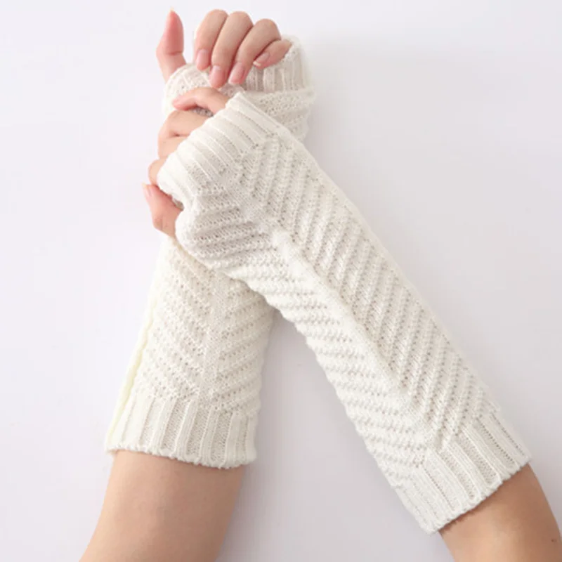 

Winter Women Long Acrylic Warm Sleeves Mittens Female Stretch Fish Bone Skull Pattern Knit Half Finger Fingerless Gloves C72