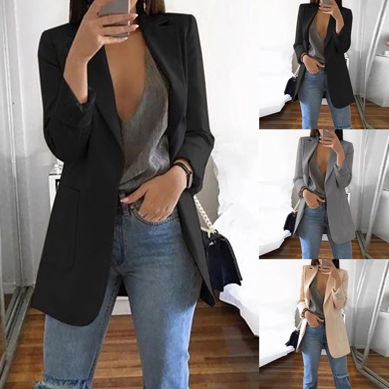 Ladies Solid Long Sleeve arrival Lapel Notched Slim Cardigan Outdoor Blazer Women Casual OL Blazers Coat