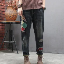 Осенне-зимние джинсы ретро женские толстые флисовые теплые джинсовые штаны Новые Дамские Лоскутные отбеленные винтажные штаны с эластичной талией