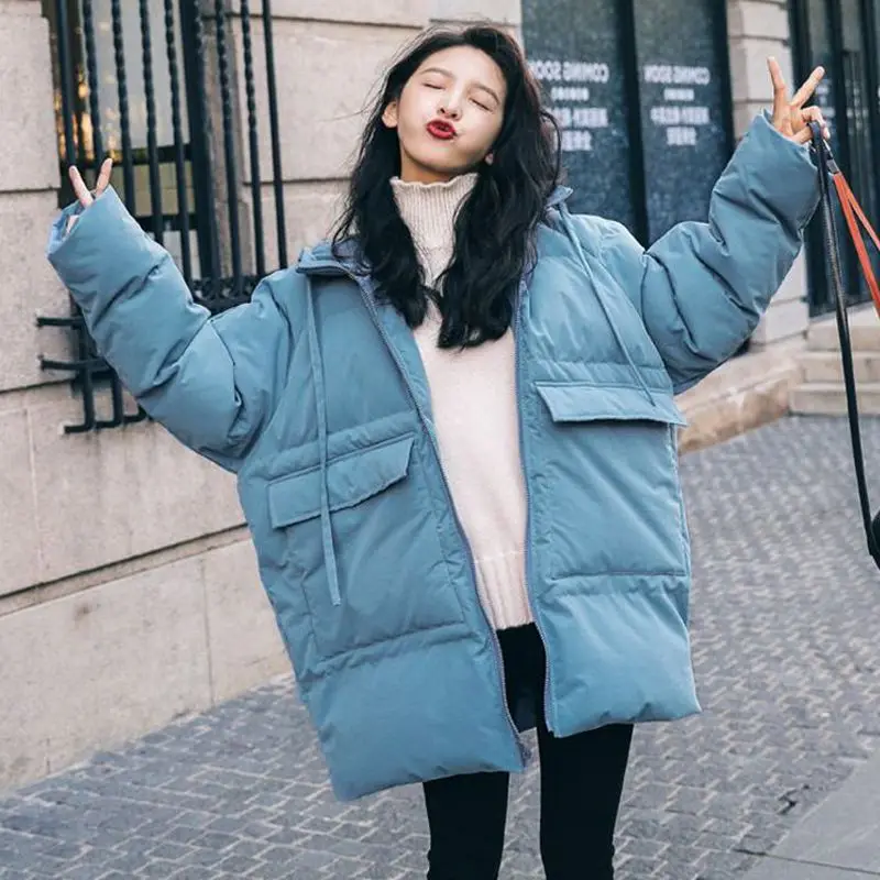 

2019 Sweet CHIC Chapter Ronon Hooded down Coat Women's Mid-length Greyish Blue Loose-Fit Cotton-padded Clothes WOMEN'S Coat Wint