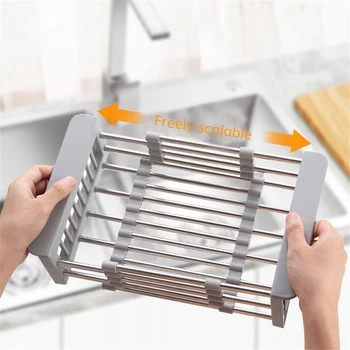 

Drain Rack Dish Drying Rack Drainage Basket Hollow Washing Basket Kitchen Sink Binaural Stainless Steel Telescopic Filter Basket