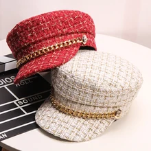 Париж, для девушек, новые женские шапки, твидовая клетчатая кепка Newsboy, s цепочка, плоский верх, Кепка с козырьком, винтажная клетчатая кепка в стиле милитари, женские шапки на осень и зиму