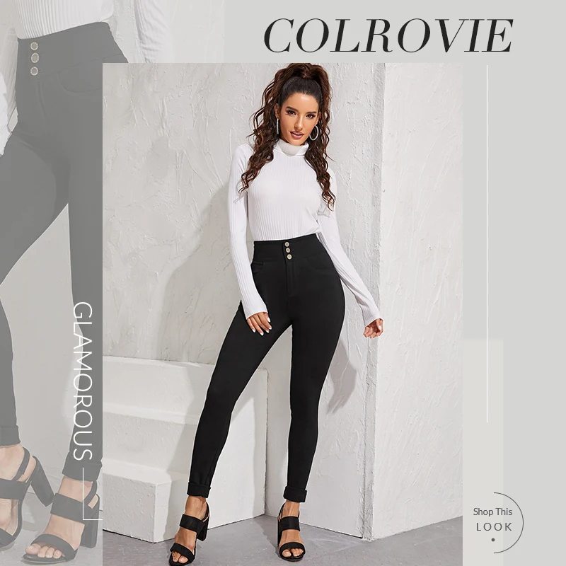 COLROVIE, черные, с эффектом потертости, с высокой талией, обтягивающие джинсы для женщин,, осень, уличная одежда, на пуговицах спереди, джинсы, женские, одноцветные, повседневные, длинные, джинсовые штаны
