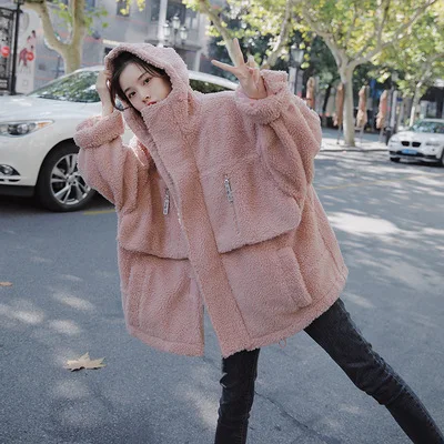 

2019 Winter New Style Short Lambs Wool Cotton-padded Clothes Korean-style Large Pocket Solid Color Cotton Coat Women's