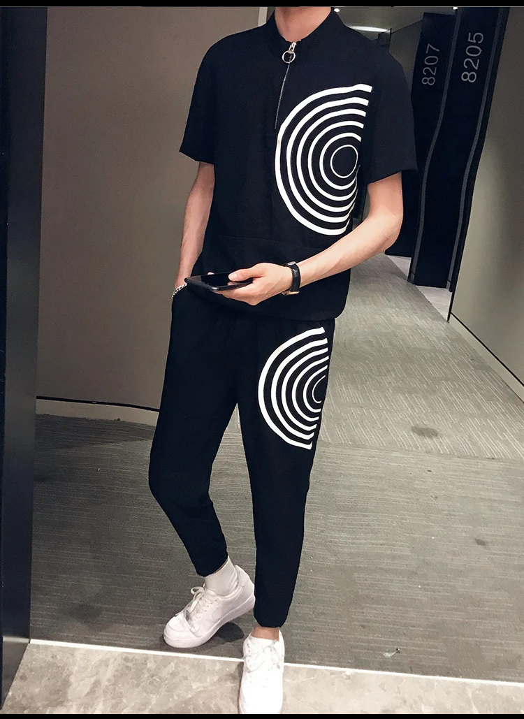 Zomer Chinese Stijl Effen Kleur Erkek Giyim Mode уличная одежда Ropa De Hombre комплект Mannen футболка+ Broek комплект из 2 предметов heren Kleding