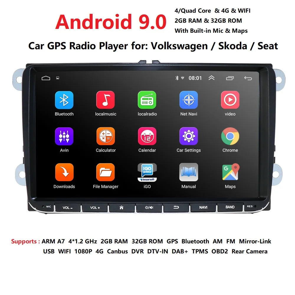 Top 9"  Android 9.0  2G RAM 32G ROM car radio GPS navigation for Volkswagen Skoda Octavia Golf 5 touran passat B6 Jetta polo tiguan 1