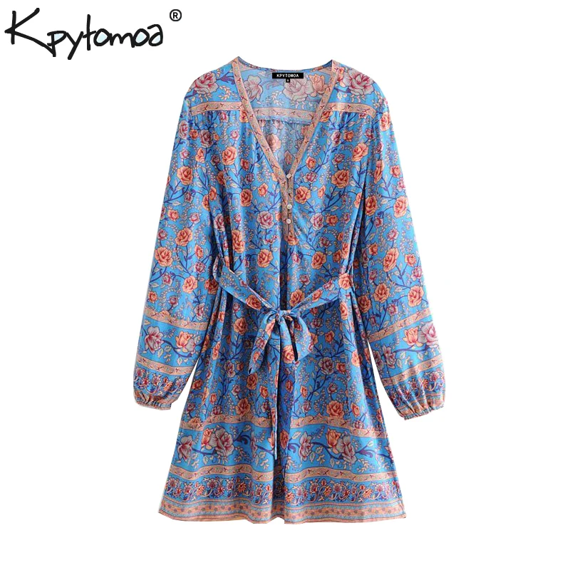 

Boho Chic Summer Vintage Floral Print With Sashes Mini Dress Women 2019 Fashion V Neck Lantern Sleeve Beach Dresses Vestidos
