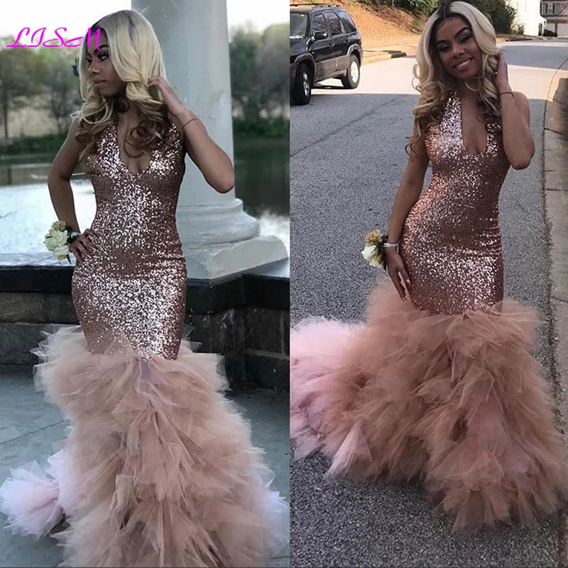 

Vestido de gala Sexy Black Girls Mermaid Pink Prom Dresses 2020 Sequined African Ruffled Train Long Formal Evening Party Gowns