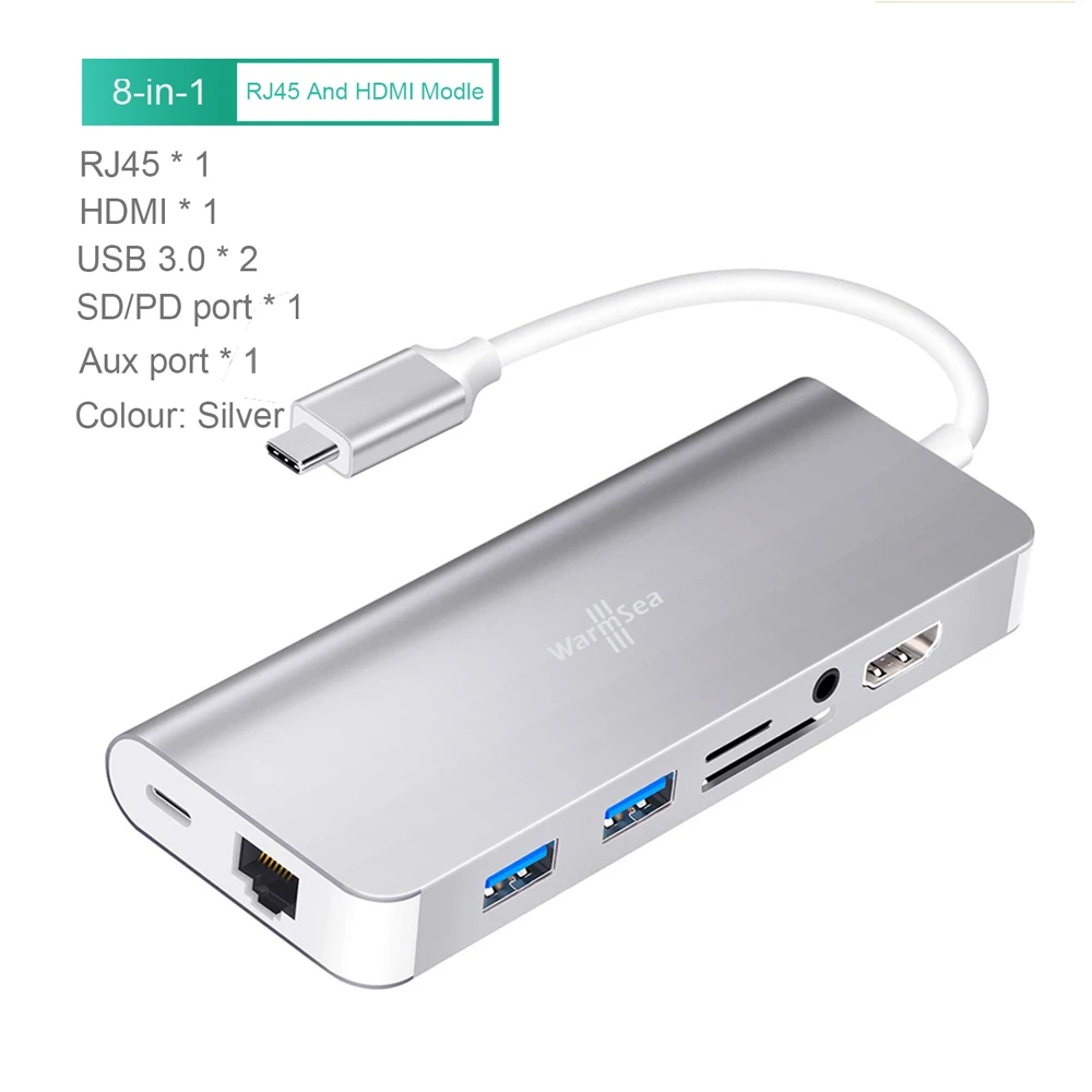 Концентратор USB Type C аудио с 4K HDMI RJ45 3,5 мм SD карта зарядная Dex станция для samsung Galaxy S8 S9 nintendo Switch MacBook Pro - Цвет: 8IN1 Silver