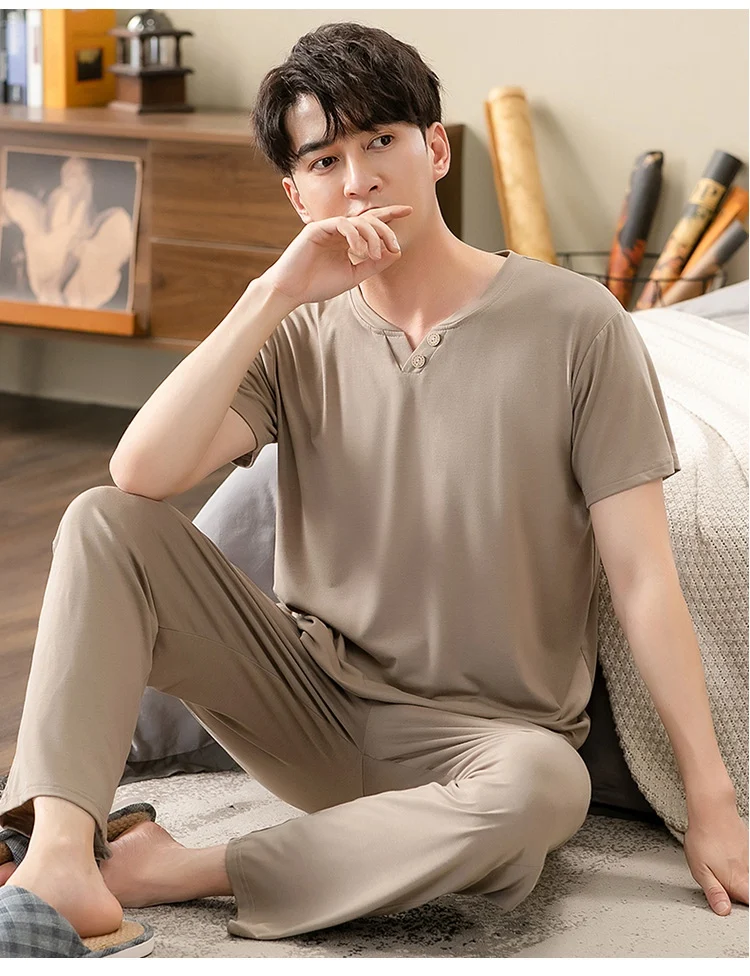 Plus Size Short Sleeve Long Pants V-neck Modal Pajama Set for Men 2021 Summer Korean Sleepwear Suit Pyjama Male Homewear Clothes mens cotton pyjamas