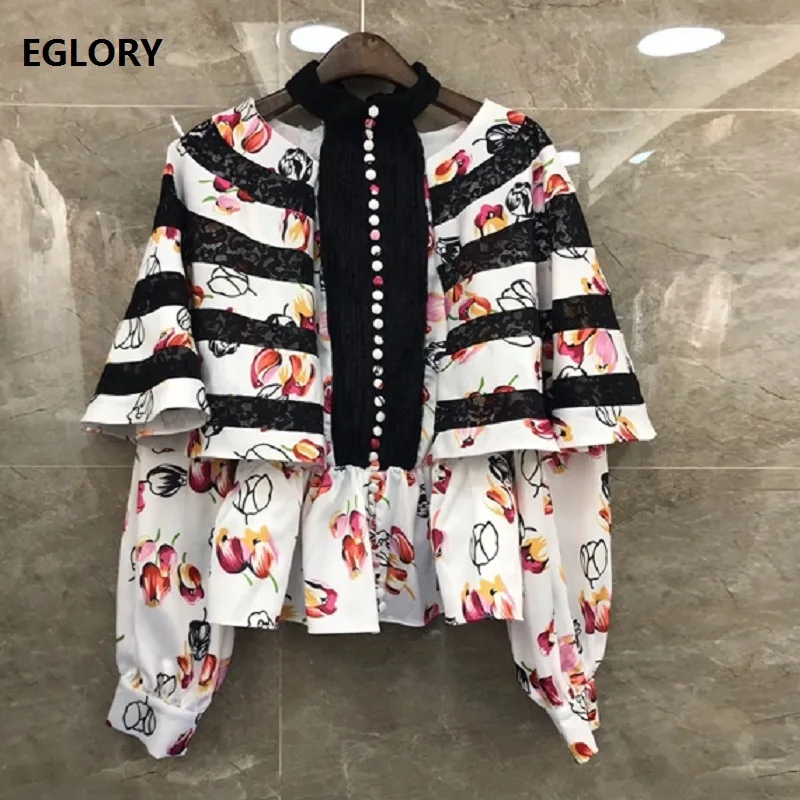 

100%Silk Blouse Shirt 2019 Autumn Sexy Party Club Blouses Women Charming Flower Print Lace Patchwork Long Sleeve Cape Tops Shirt