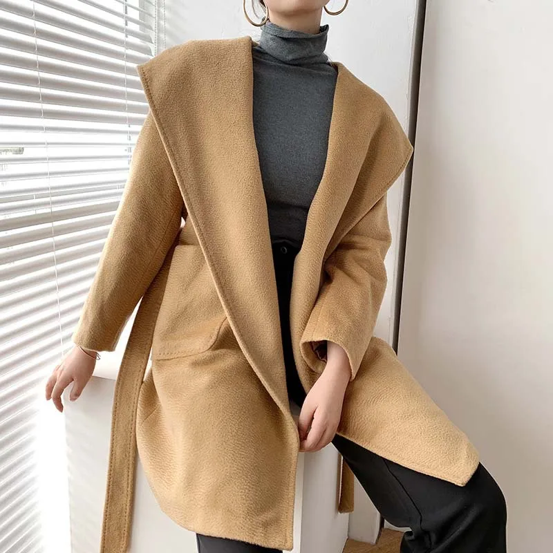 Camel Hair Coat Women Fashion Winter Autumn Tops Warm Lady Hooded Camel Hair CoatWool & Blends
