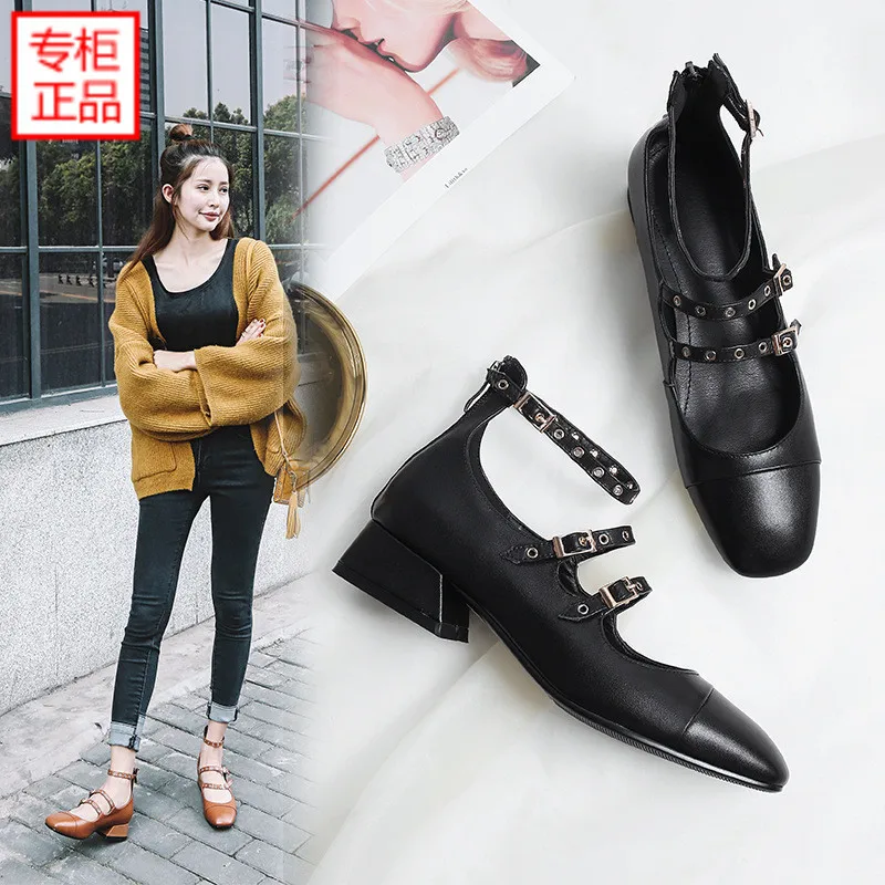 

2019 Spring New Style Genuine Leather Fashion Shallow Mouth Square Head in Chunky-Heel WOMEN'S Shoes Belt Buckle after Zipper WO
