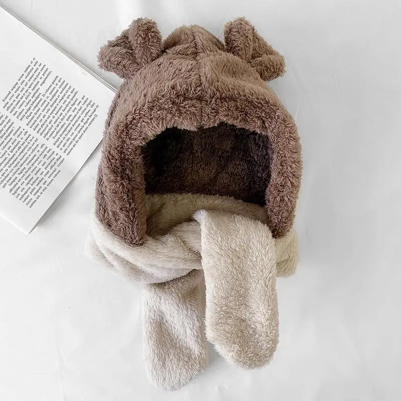 Корейский осень и зима детский шарф и шляпа сплайсинга плюс плюшевая теплая шапка для младенца кролик наушник новорожденный фотография - Цвет: Кофе