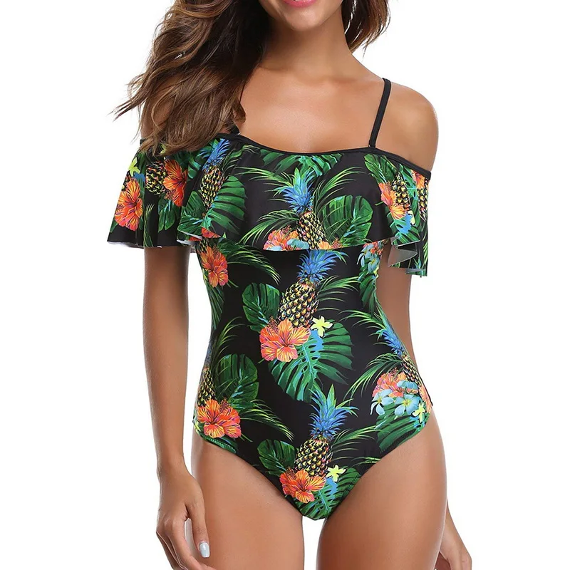 

2020 Flounce Swimsuit Women Monokini Ruffle Bikini Pineapple Printed Off Shoulder Bathing Suit Ladies Swimsuits New Bodycon