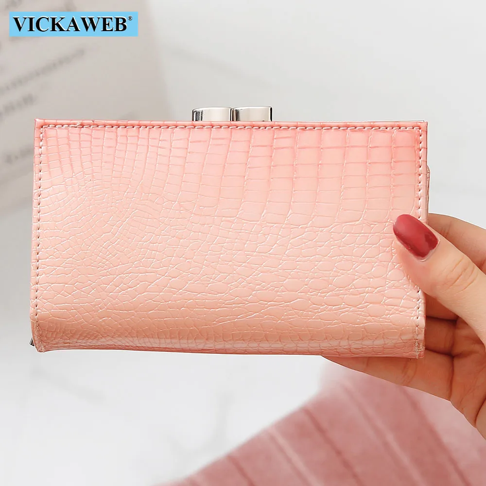 VICKAWEB Women Genuine Leather Short Wallet Female Fashion Purses Ladies Alligator Hasp& Zipper Coin Purse Woman Small Wallets