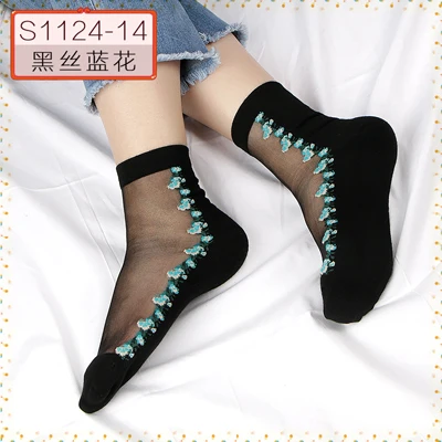 Hyrax trends Transparent sexy bud ladies silk Socks flower design Black transparent color Sexy fashion lace sock - Цвет: 1pack5pairs