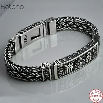 

Heavy S925 Sterling Silver colour Tibetan Mantra Bracelets For Men Braided Woven Six Words Vajry Pestle Engraved Prayer Jewelry