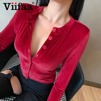 

Viifaa Button Up Velvet Long Sleeve Cropped T Shirt Women Autumn Winter Tee Thumb Holes Elegant Party Solid Slim Tops