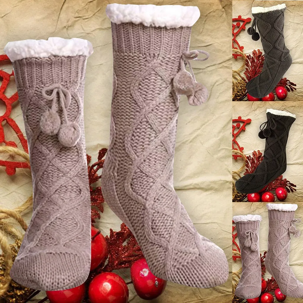 Женские рождественские носки, теплые носки с геометрическим рисунком, бархатные нескользящие носки, утепленные домашние вязаные носки W1128