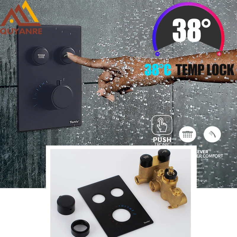 quyanre wanfan matte black chrome 2-way thermostatic mixer valve concealed bath shower mixer 2 buttons control switch bath shower