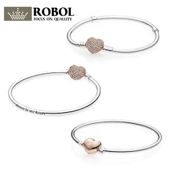 

PDB SL 27 925 Sterling Silver Bracelets for Women DIY Beads Charm Jewelry Making Rose Gold Color Heart Clasp Bracelet Gift
