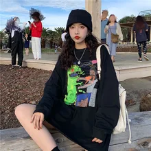 2020 Spring&Autumn New Women T-shirt Black White Cartoon Printed Long Sleeve Ovesize Harajuku Kpop Casual Style Free Shipping