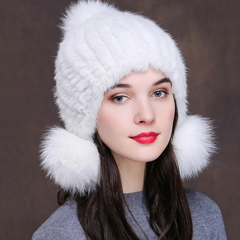 Women Real mink Fur Hat Natural mink fur Beanies Fur Caps Fashion lady Elastic Hat Winter Skullies fox fur pom poms