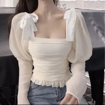 

2019 New Arrival Womens Tops and Blouses Long Sleeve Sexy Square Collar Shirt Tops White Womens Tops Fold Pattern Backless TG