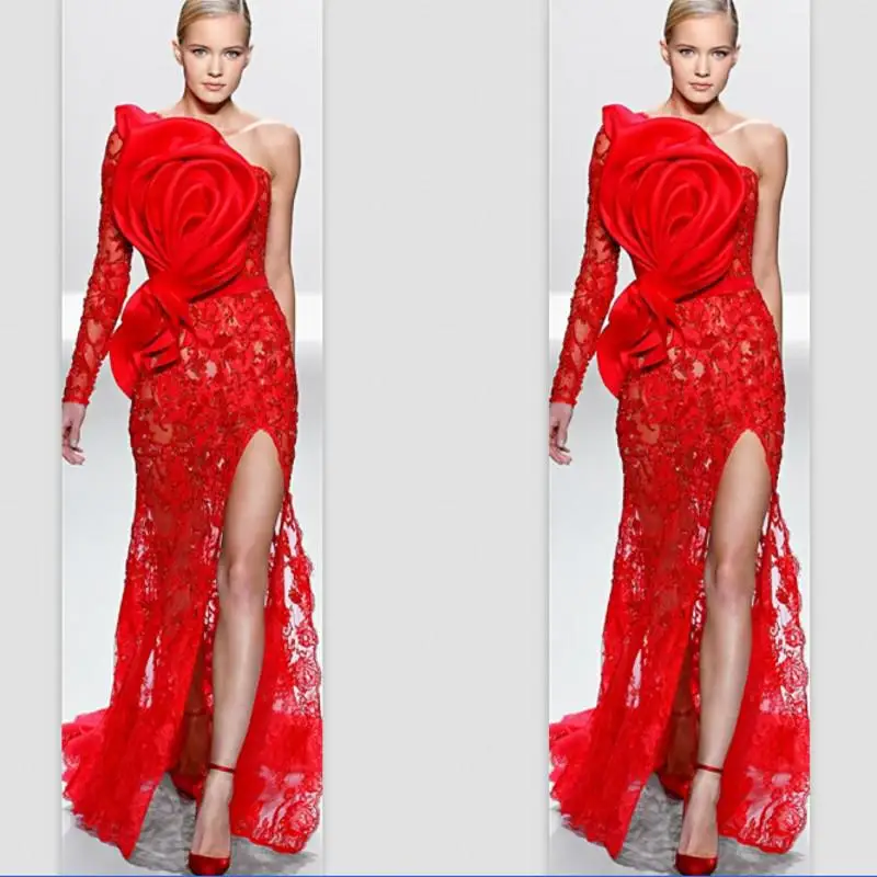 Rood 2020 Formele Celebrity Jurken Mermaid Een Schouder Lange Mouwen Lace Slit Lange Beroemde Red Carpet Jurken Rood 2020 Formele Celebrity Jurken Mermaid Een Schouder Lange Mouwen Lace Slit Lange Beroemde Red Carpet Jurken