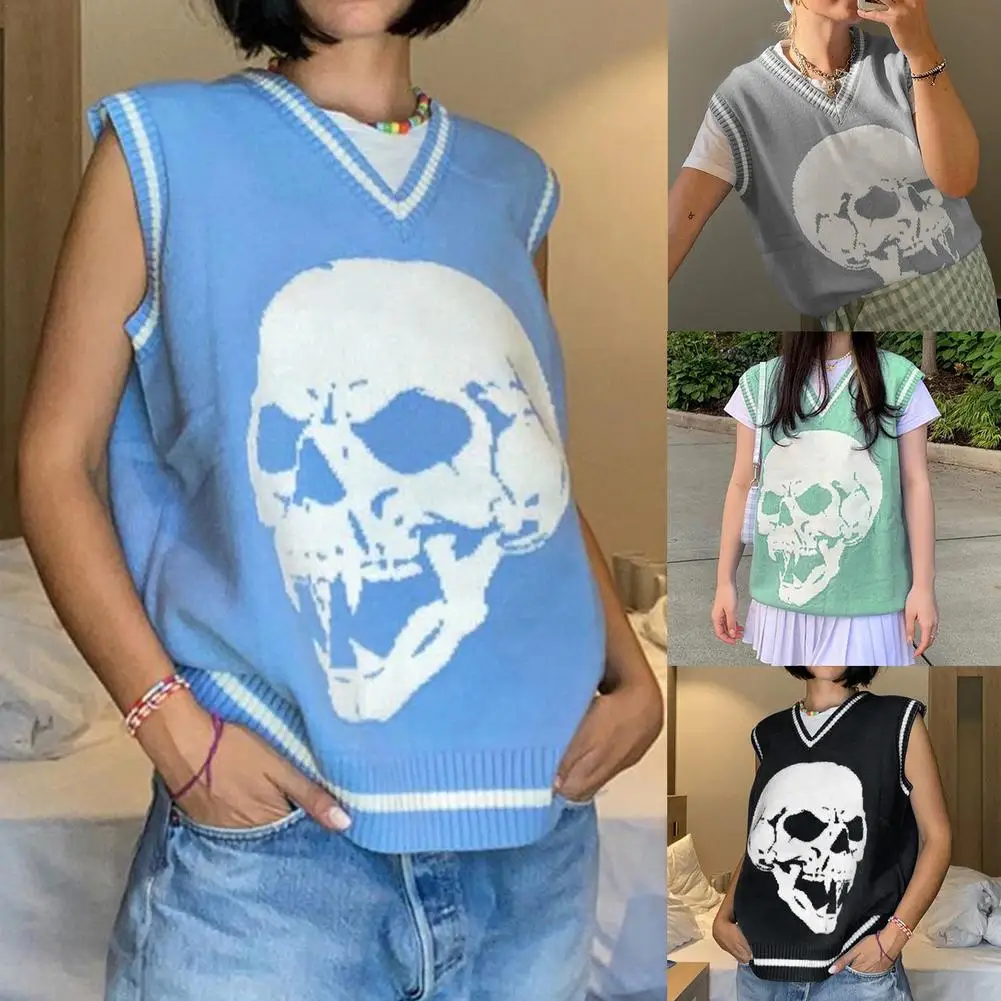 Fashion women's knitted vest pullover V-neck sleeveless skull knitted pullover Korean loose sweater vest 1