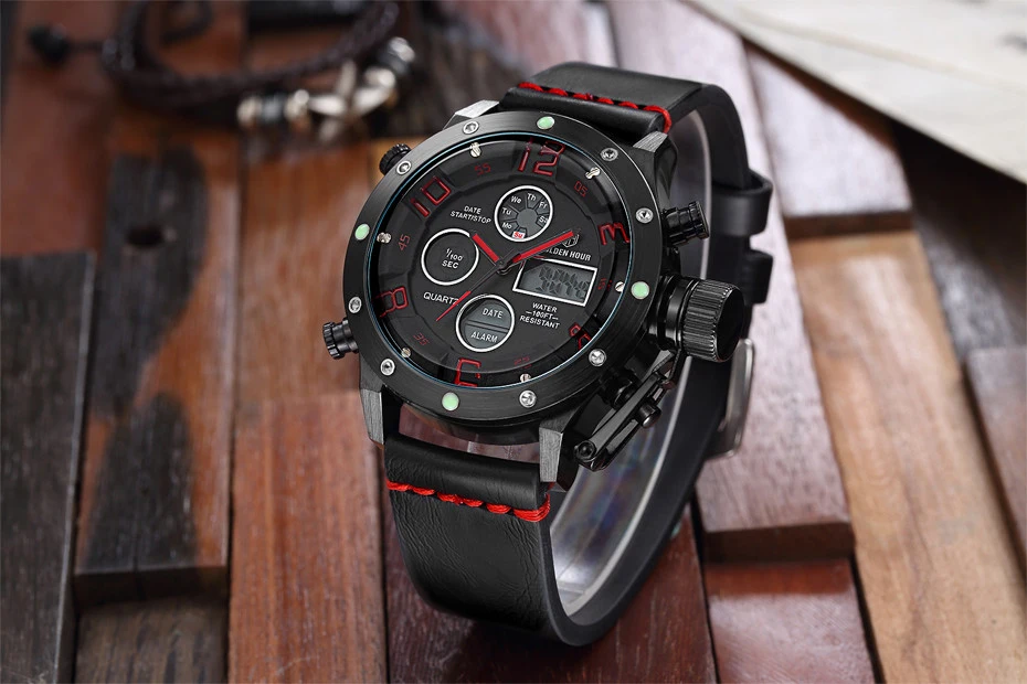 GOLDENHOUR Herren Sportuhren Herren Quarz Analog LED Mann Leder Militäruhr Männlich_voghion.com