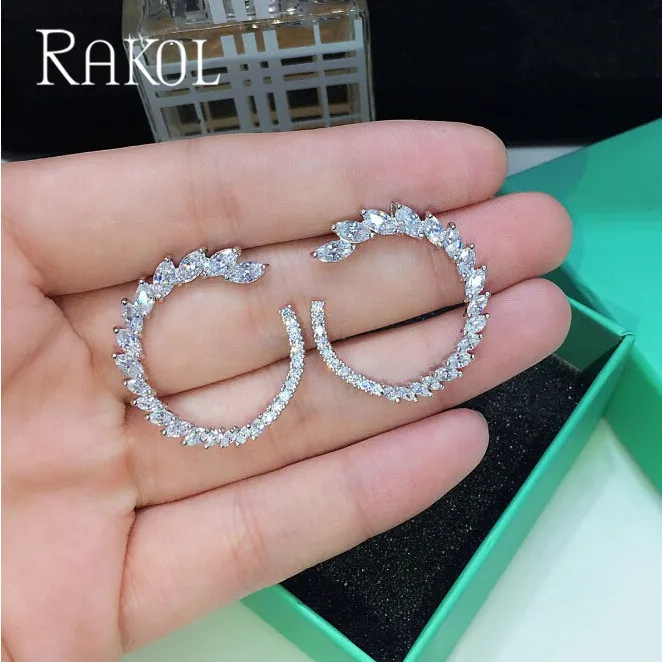 

RAKOL New Fashion Brand Earring Clear Round Shape Cubic Zirconia Stud Earrings For Women Leaf Shape CZ Jewelry Gift