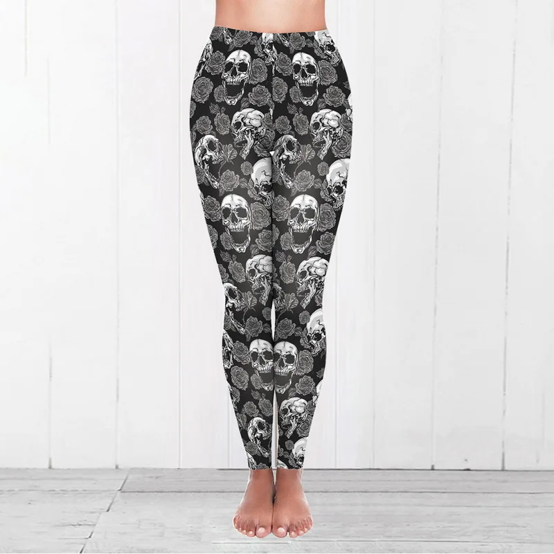 Skull Print Women Fitness Leggings Slimming High Waist Training Pants Pish Up Stretch Running Wear Sports Workout Breathable