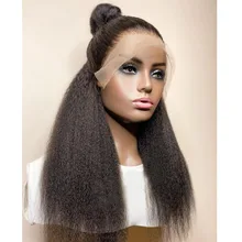 Yaki-pelucas frontales de encaje sintético para mujer, cabello de Cosplay de proporción media, sin pegamento, rizos rectos, color negro azabache