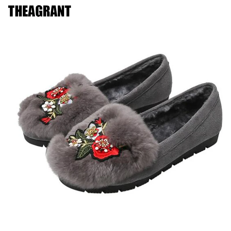THEAGRANT/; теплая женская обувь на плоской подошве; пушистый кролик; женские туфли без задника; неглубокие Мокасины без шнуровки; женская зимняя обувь с вышивкой; WFS2032