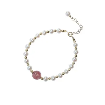 

DI-277 Vintage Luxury Natural Pearl Beaded Bracelet Woman Pink Strawberry Crystal Cuff Bracelet Jewelry Accessories Anniversary