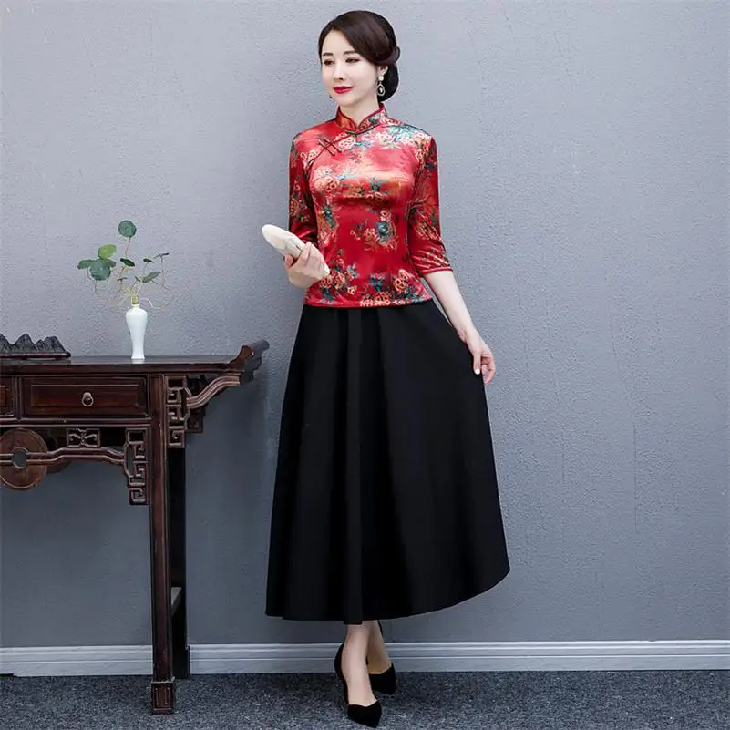 Винтаж ручной работы Кнопка Cheongsam 2 шт. Комплект женский традиционный цветочный принт Qipao Мода Атлас qipao Vestidos