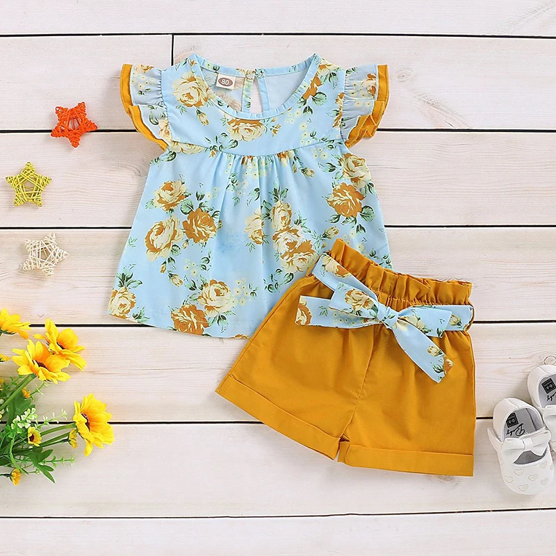 

Girl Kids Clothes Set New Children Fly-Sleeve Flower Print Tops And Bowtie Shorts 2Pcs Outfits Summer Toddler Girl Suit 1-5T