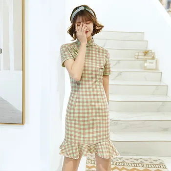

Green Plaid Cotton Cheongsam Fishtail Dresses Elastic Cotton Lattice Mermaid Qipao Short Sleeve Classic Qipao Robe Orientale