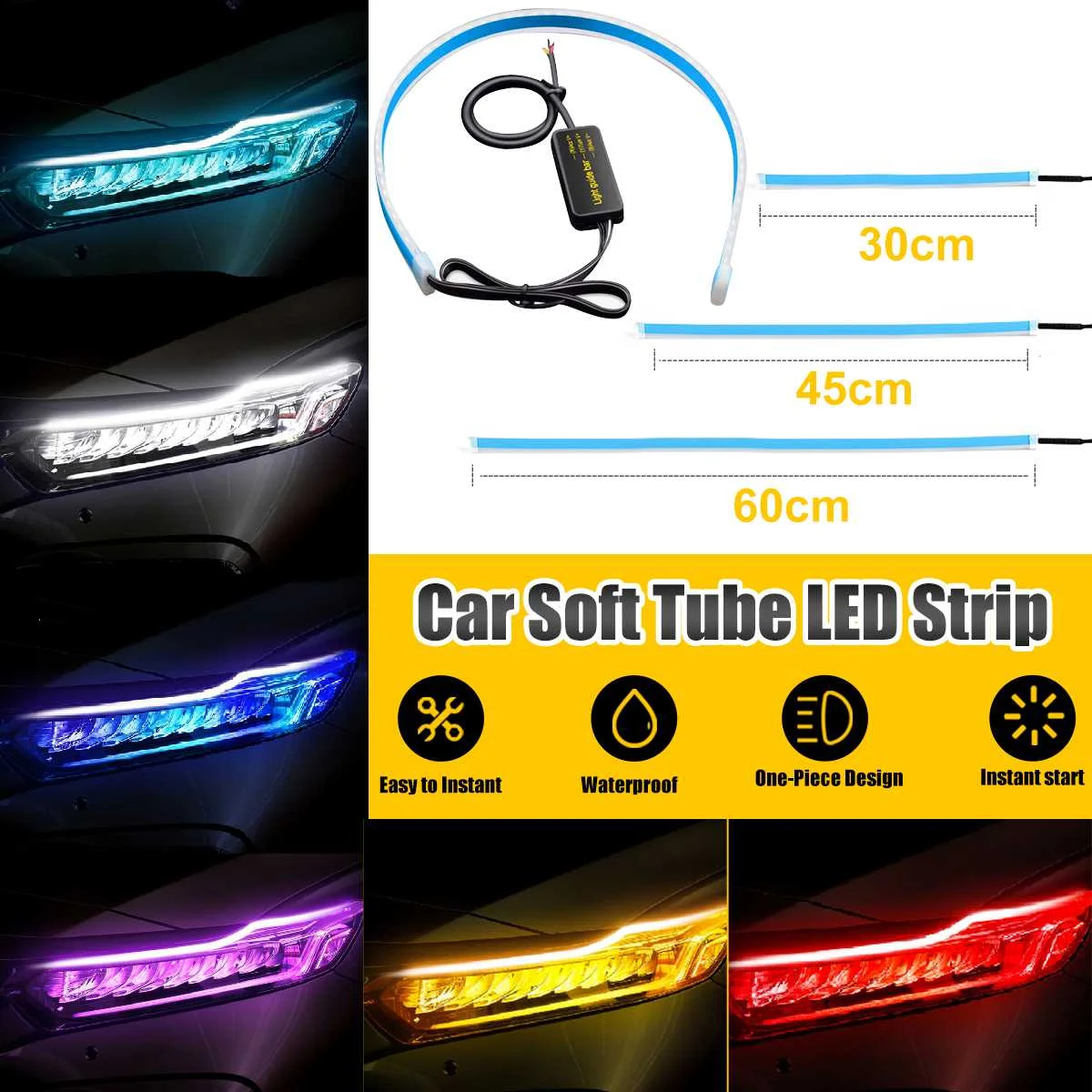 30//45//60CM Flexible Soft Car LED Strip Tube Tail Turn Signal Running Light DRL