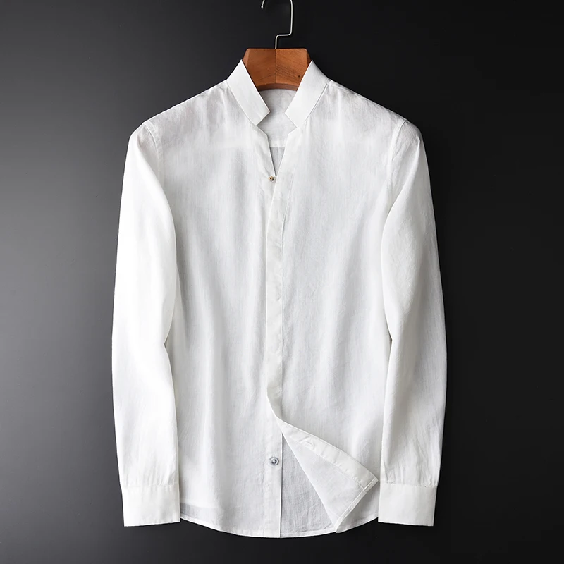 

Spring Autumn Linen Hight Quality Stand Collar Slim Solid Color White Comfortable Men's Long Sleeve Shirts