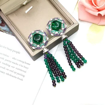 

New fashion emerald-green color cubic zircon stone flower earrings silver color jewelry for ladies wedding party