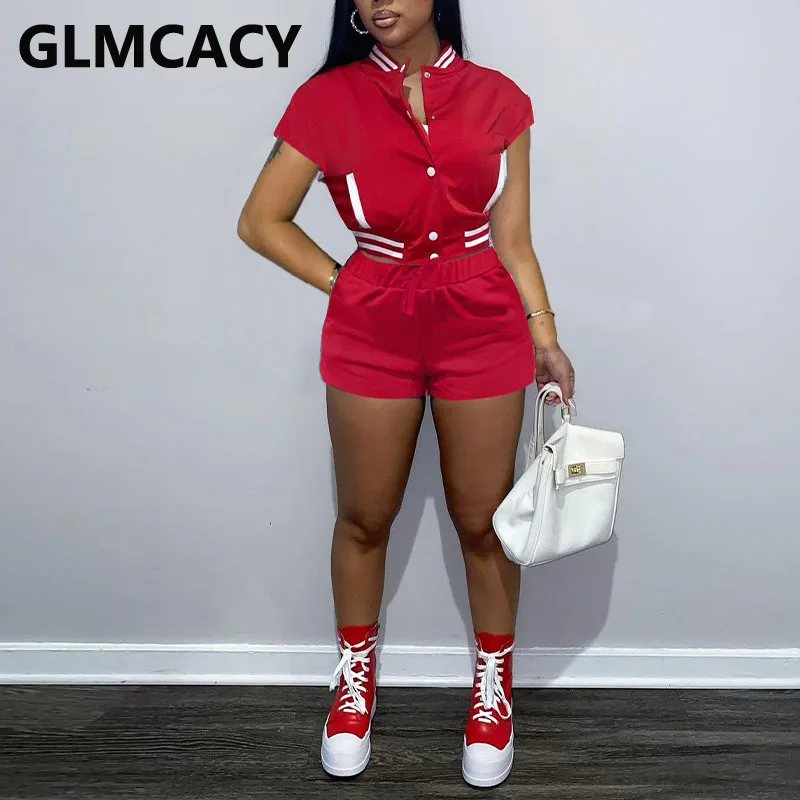 Women Two Piece Summer Tracksuit Short Sleeve Button Down Crop Top