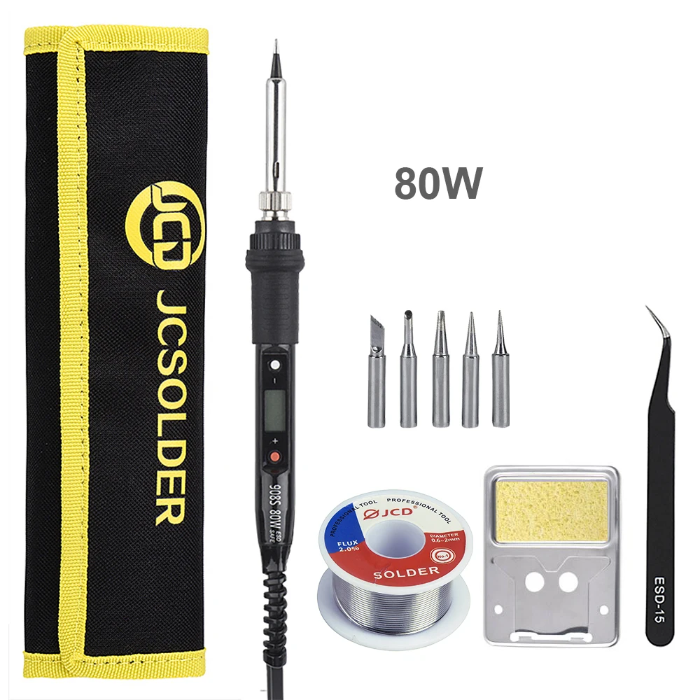 

JCD LCD Soldering Iron Adjustable Temperature US/EU Plug Household Welding Rework Tool Ceramic Heater Solder Tips Stand Wire Set