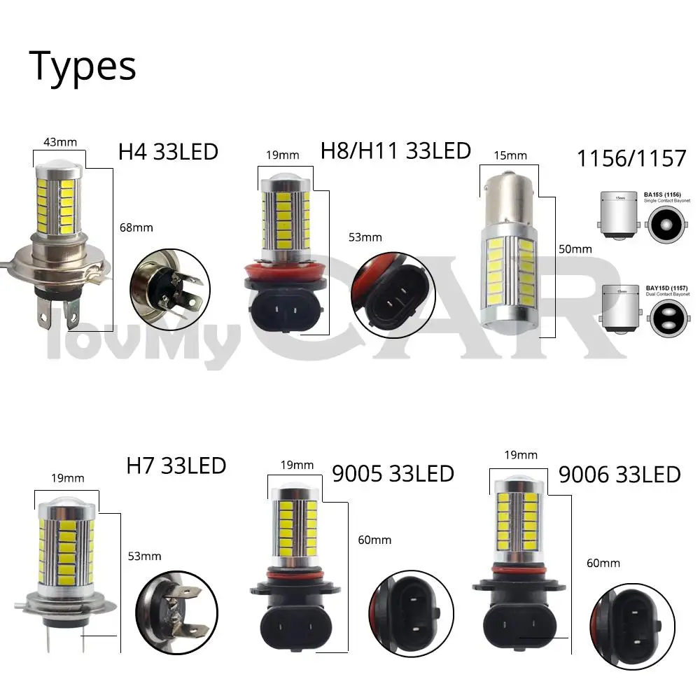 2X H4 H7 H11 9005 9006 Car Motorcycle Led Headlight Bulbs 6000K White 5630 33LED DC 12v Fog Lamp Light DRL Daytime Running Light