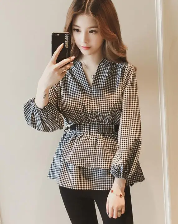 

2019 Autumn New Arrival Korean V Collar Lantern Sleeve Collect Waist Ruffles Plaid Woman Cotton Blouse