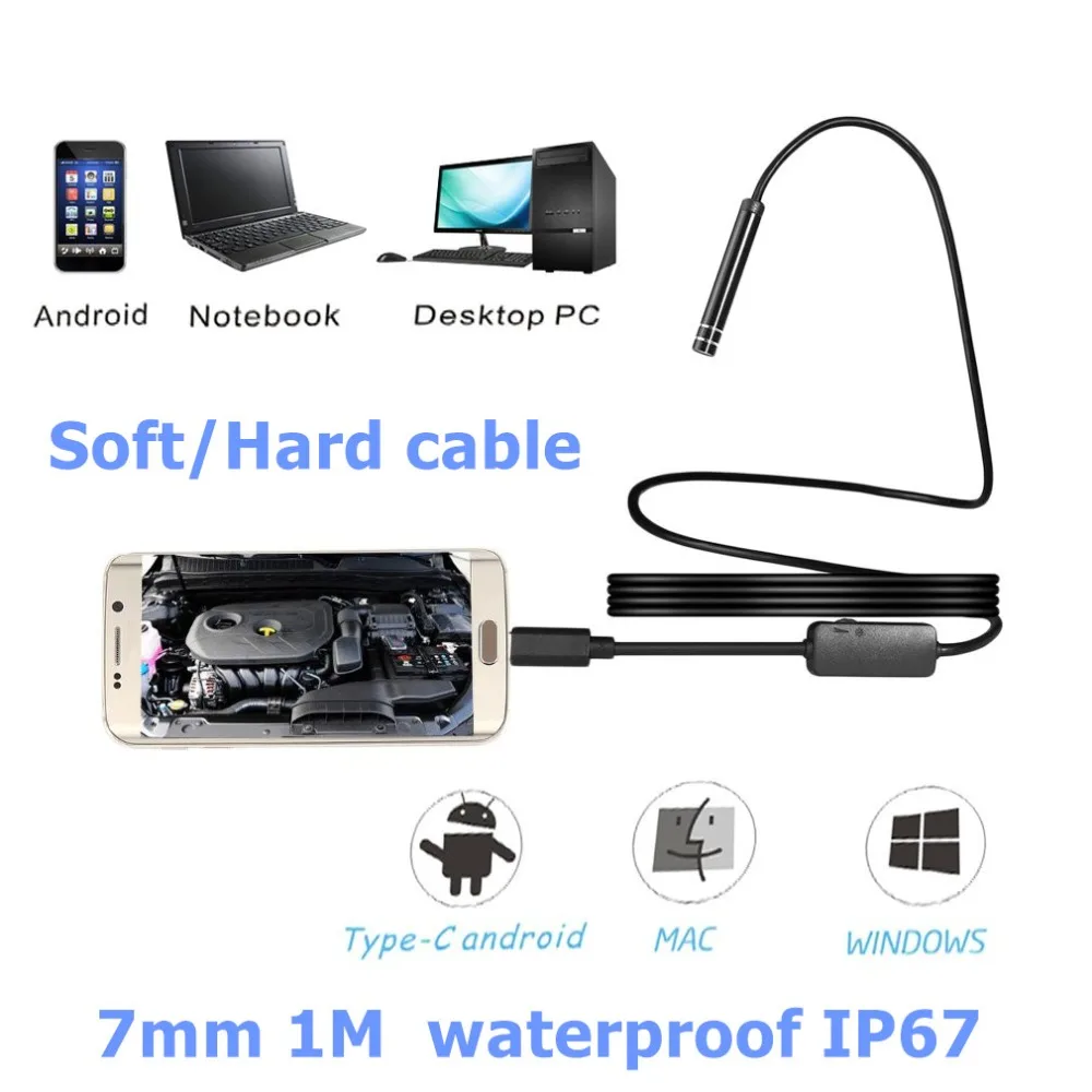LESHP 7 мм 1 м 720P type-C USB эндоскоп водонепроницаемый осмотр бороскоп трубка камера 6 светодиодный регулируемый жесткий/мягкий провод