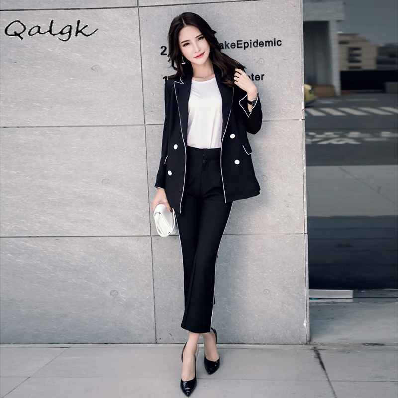 

Set female 2019 autumn new temperament fashion lapel long-sleeved suit nine pants two sets of solid color wild women's clothes