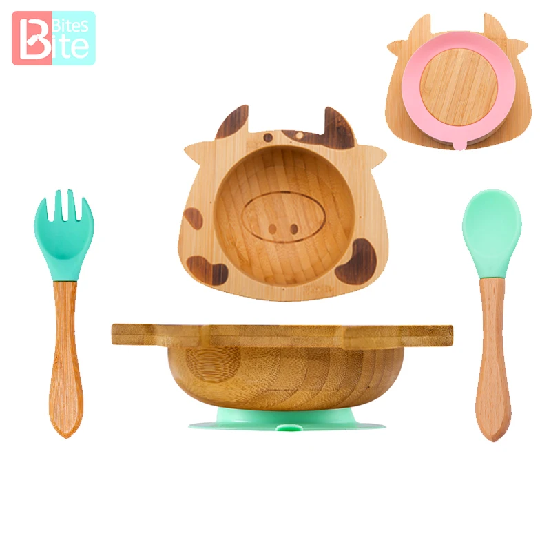 

3PCS Baby Feeding Bowl Cow Natural Bamboo Suction Bowl with Silicone Spoon Set Fits Most Highchair Trays Children's Dishes